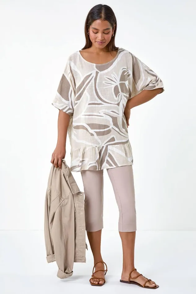 Taupe Cotton Oversized Leaf Tunic Top Women Roman Tops