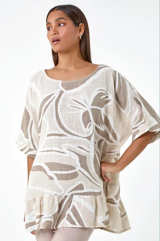 Taupe Cotton Oversized Leaf Tunic Top Women Roman Tops