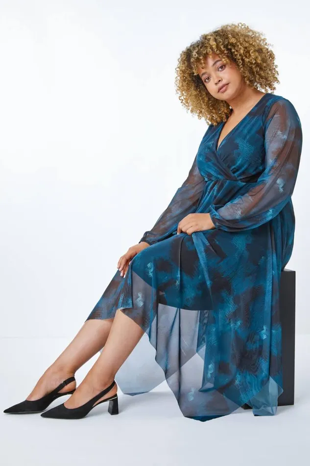 Teal Curve Abstract Print Chiffon Wrap Dress Women Roman Dresses