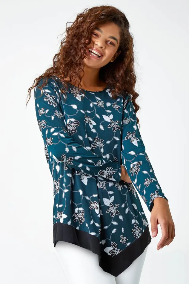 Teal Floral Print Chiffon Hem Stretch Top Women Roman Tops