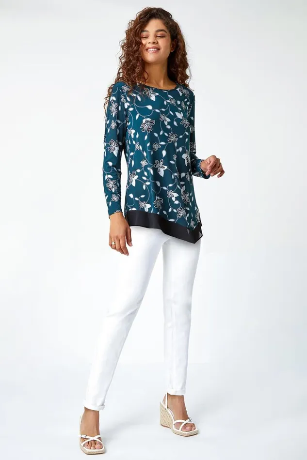 Teal Floral Print Chiffon Hem Stretch Top Women Roman Tops