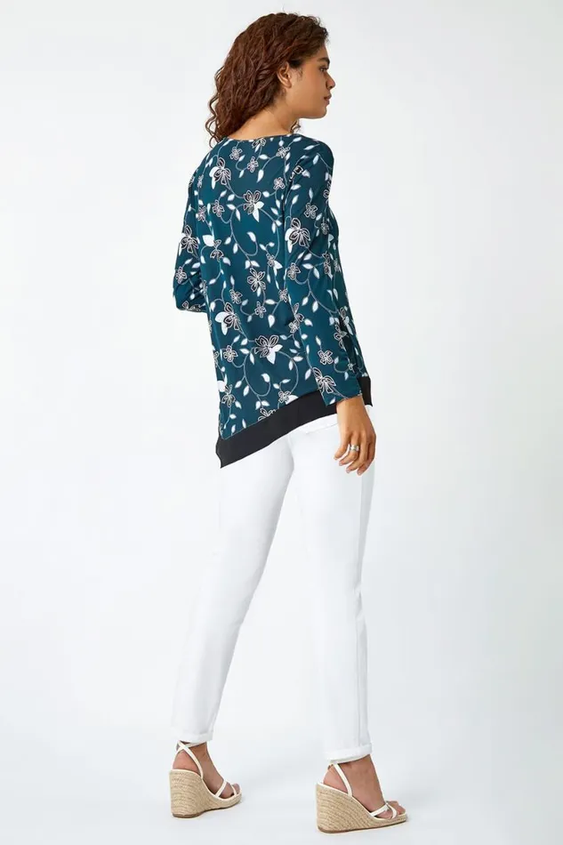 Teal Floral Print Chiffon Hem Stretch Top Women Roman Tops