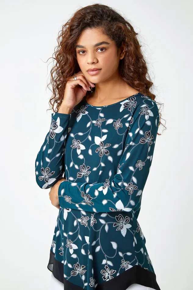 Teal Floral Print Chiffon Hem Stretch Top Women Roman Tops