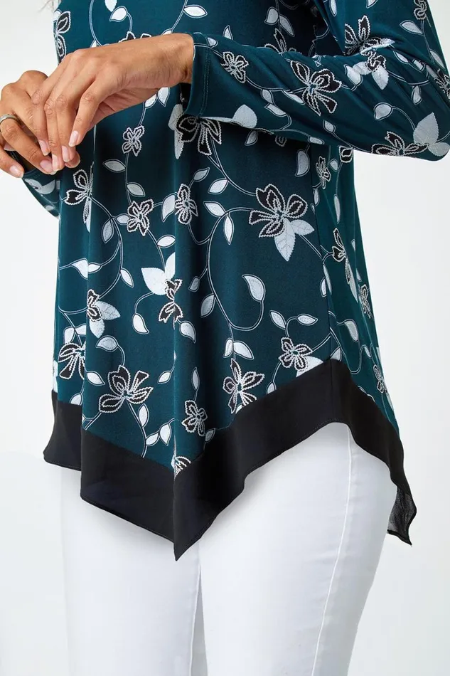 Teal Floral Print Chiffon Hem Stretch Top Women Roman Tops