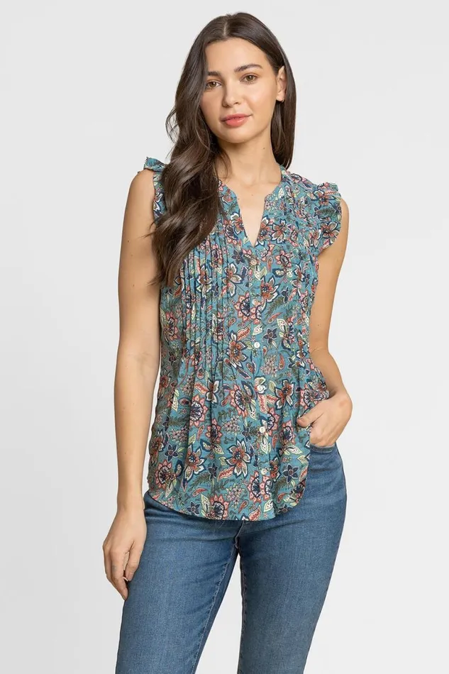 Teal Sleeveless Frill Detail Floral Blouse Women Roman Tops