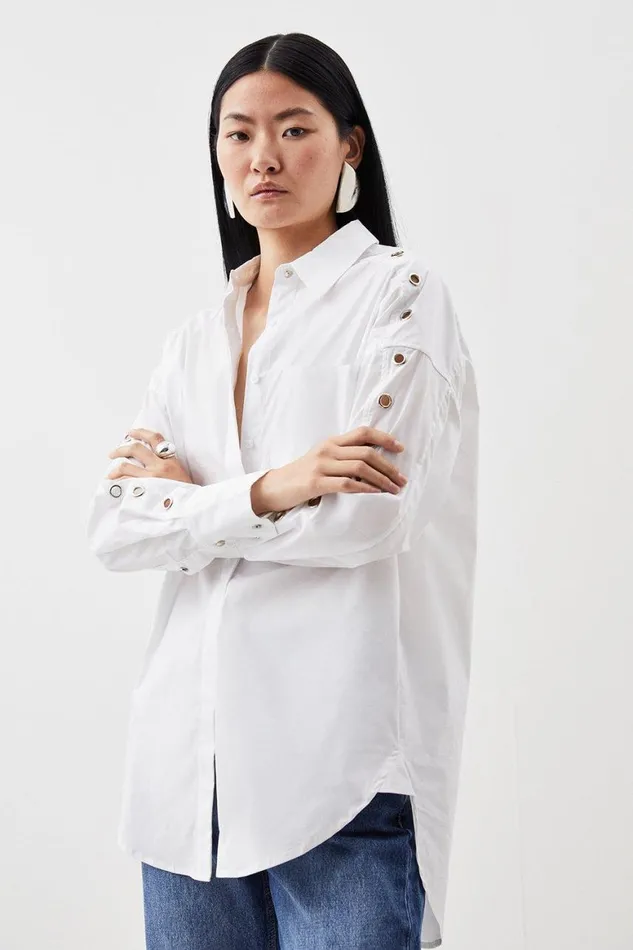 Tops Women Karen Millen Cotton Sleeve Eyelet Detail Oversized Shirt White