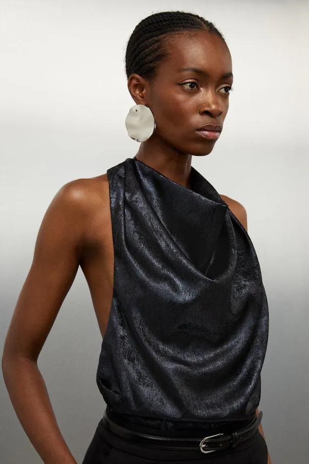 Tops Women Karen Millen Halter Neck Metallic Woven Top Navy