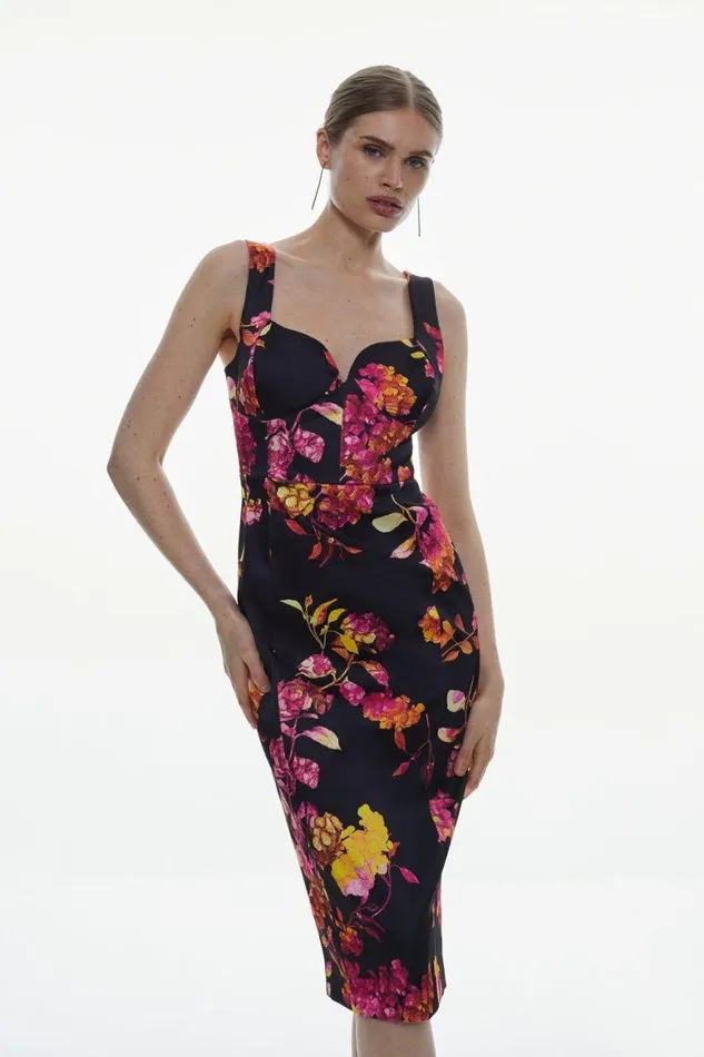 Tops Women Karen Millen Italian Structured Satin Hydrangea Corset Pencil Midi Dress Floral