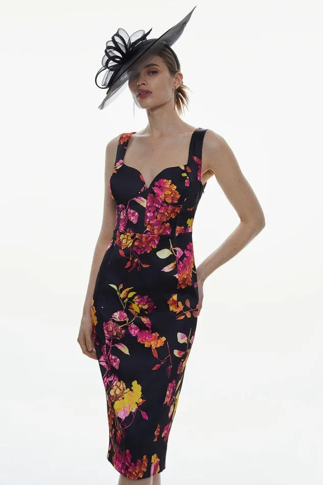 Tops Women Karen Millen Italian Structured Satin Hydrangea Corset Pencil Midi Dress Floral