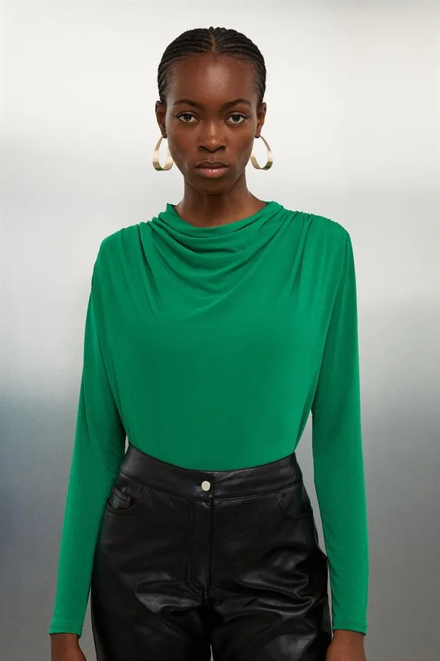Tops Women Karen Millen Jersey Crepe Draped High Neck Bodysuit Green