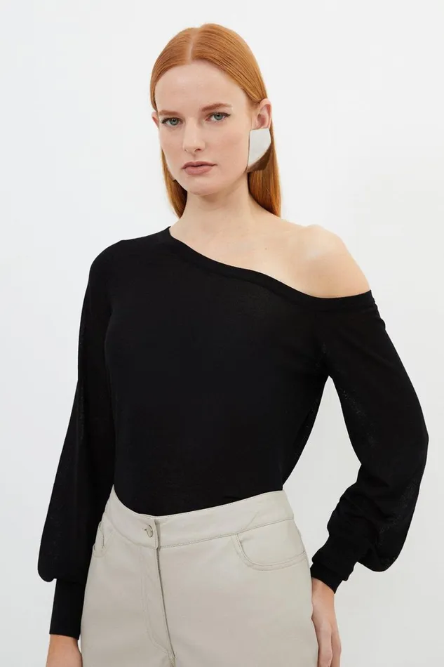 Tops Women Karen Millen Lightweight Viscose Blend Summer Knit Off Shoulder Top Black Tops Women Karen Millen Lightweight Viscose Blend Summer Knit Off Shoulder Top Black