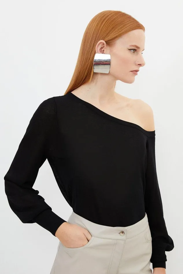 Tops Women Karen Millen Lightweight Viscose Blend Summer Knit Off Shoulder Top Black