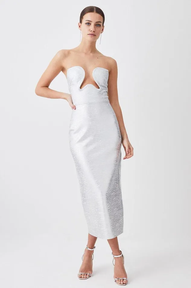 Tops Women Karen Millen Petite Foiled Bandage Corset Detail Knit Midi Dress Silver