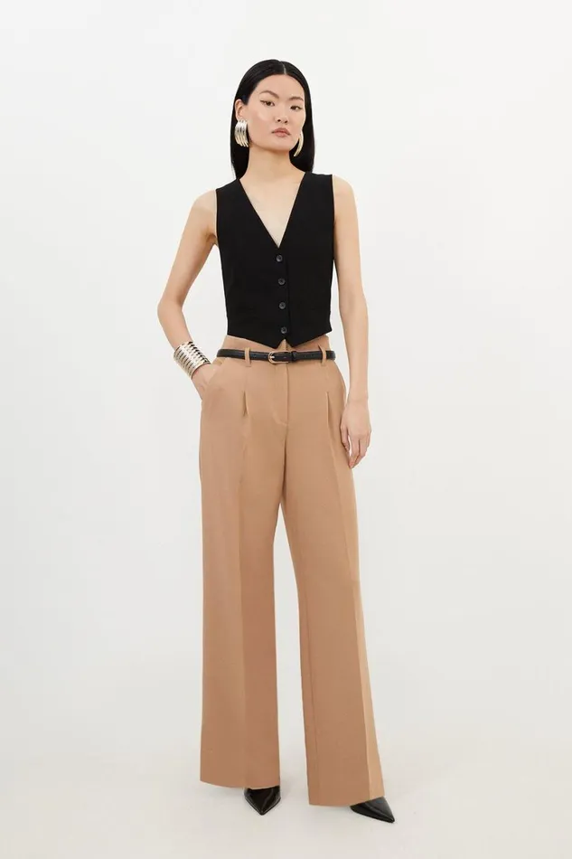 Tops Women Karen Millen Tailored Compact Stretch Corset Waist Wide Leg Trousers Camel