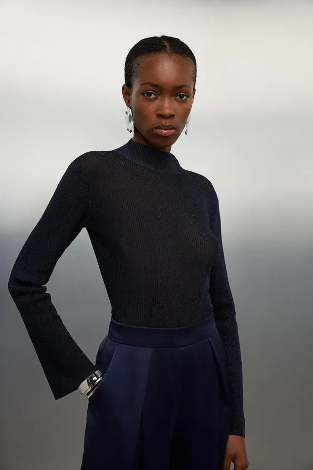 Tops Women Karen Millen Viscose Blend Metallic Sparkle Skinny Turtle Neck Knit Top Navy Tops Women Karen Millen Viscose Blend Metallic Sparkle Skinny Turtle Neck Knit Top Navy