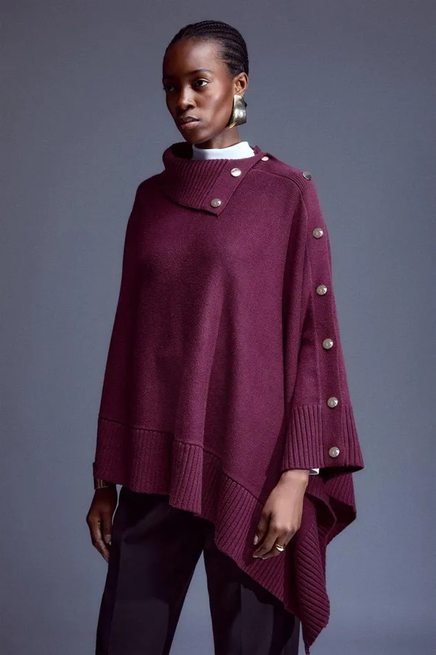 Tops Women Karen Millen Viscose Blend Stud Detail Asymmetric Knit Poncho Burgundy