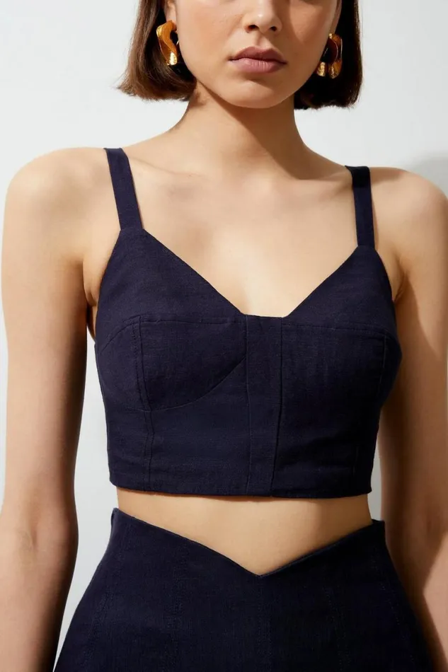 Tops Women Karen Millen Viscose Linen Woven Corset Top Navy
