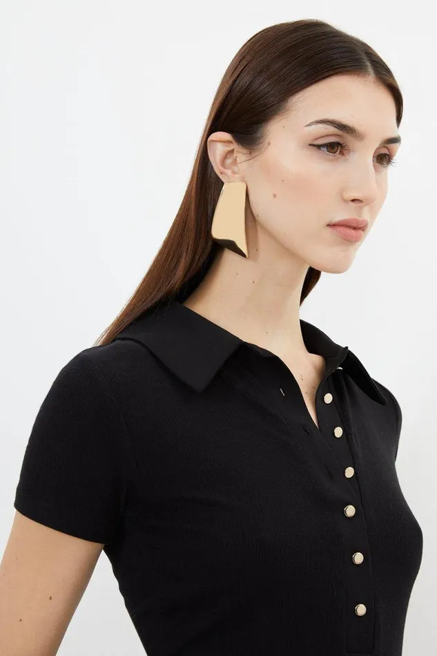 Tops Women Karen Millen Viscose Rib Jersey Short Sleeve Collared Top Black