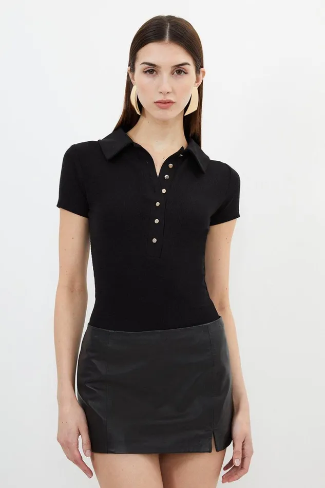 Tops Women Karen Millen Viscose Rib Jersey Short Sleeve Collared Top Black