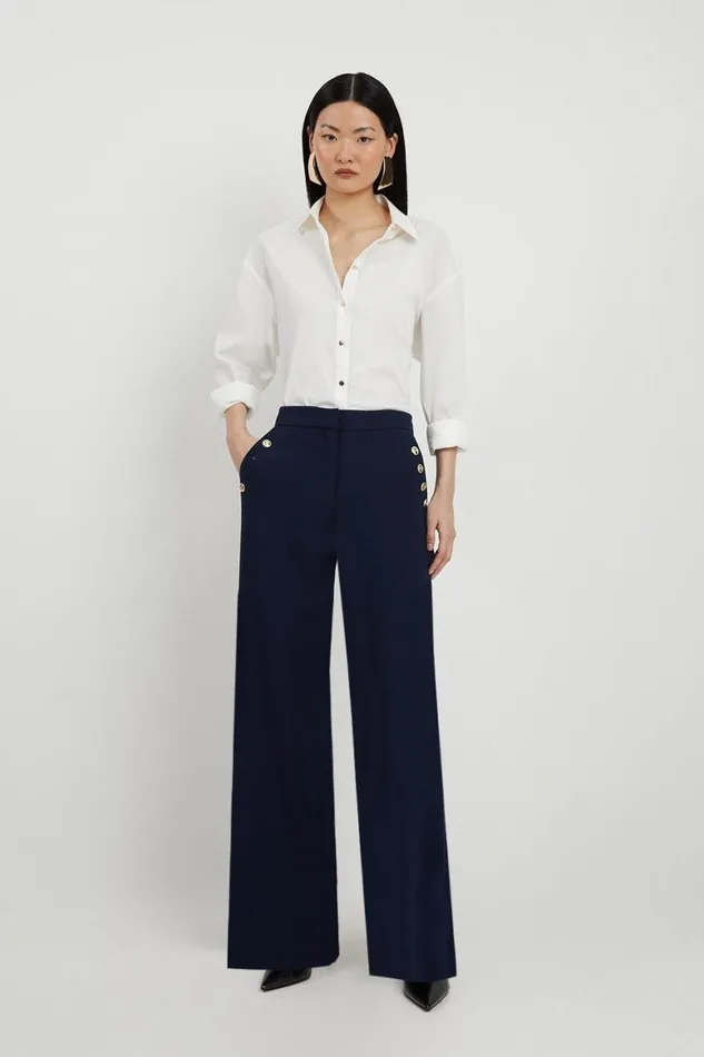 Trousers Women Karen Millen Compact Stretch Tailored Button Detail Wide Leg Trousers Navy Trousers Women Karen Millen Compact Stretch Tailored Button Detail Wide Leg Trousers Navy