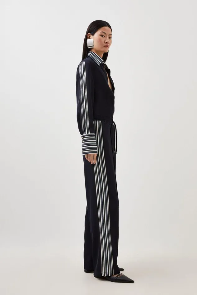 Trousers Women Karen Millen Contrast Twill Woven Wide Leg Trousers Navy