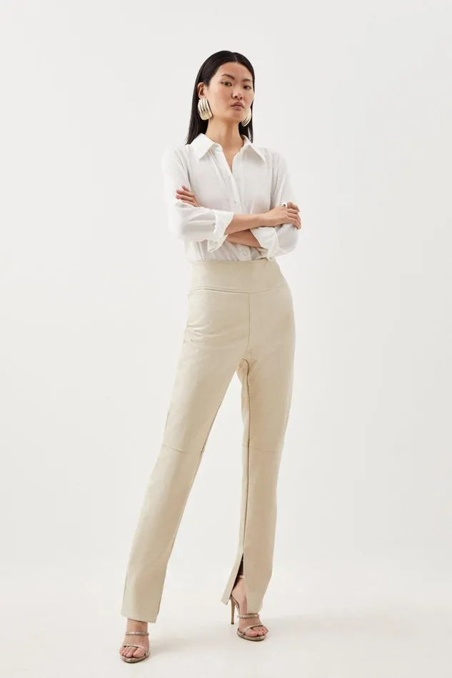 Trousers Women Karen Millen Faux Leather Split Hem Detail Leggings Ivory