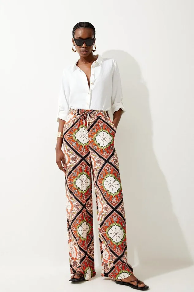 Trousers Women Karen Millen Tile Print Woven Wide Leg Trouser Red