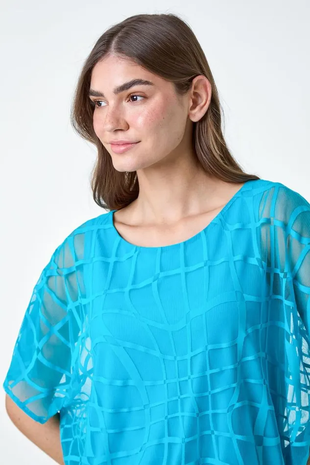 Turquoise Abstract Check Print Blouson Top Women Roman Tops