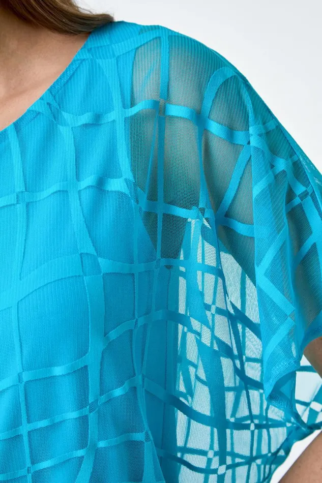 Turquoise Abstract Check Print Blouson Top Women Roman Tops