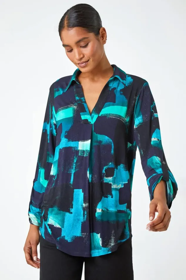 Turquoise Abstract Print Stretch Shirt Top Women Roman Tops