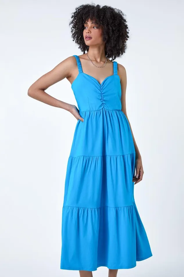 Turquoise Cotton Strappy Tiered Midi Dress Women Roman Dresses