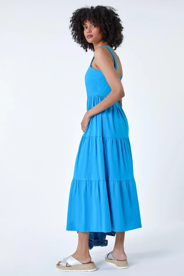 Turquoise Cotton Strappy Tiered Midi Dress Women Roman Dresses