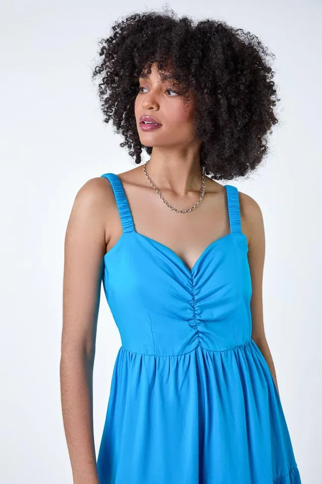 Turquoise Cotton Strappy Tiered Midi Dress Women Roman Dresses