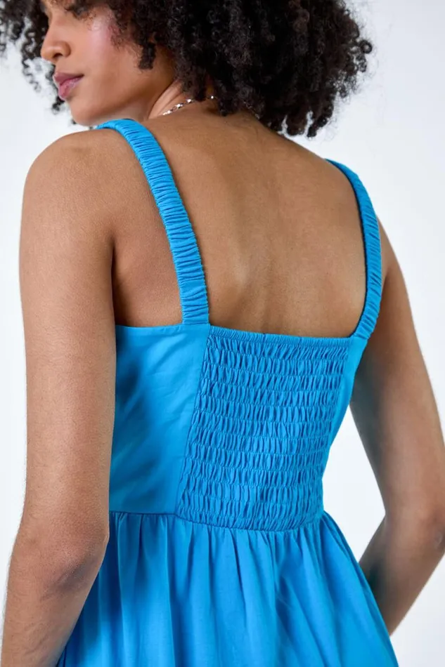 Turquoise Cotton Strappy Tiered Midi Dress Women Roman Dresses