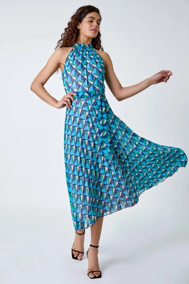 Turquoise Geometric Halterneck Midi Dress Women Roman Dresses