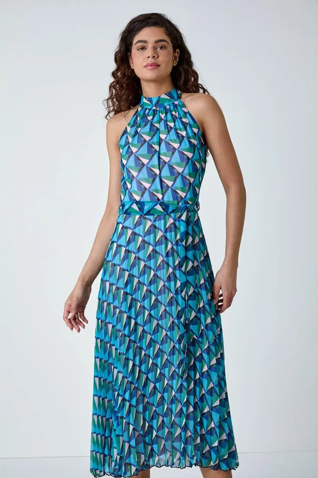 Turquoise Geometric Halterneck Midi Dress Women Roman Dresses