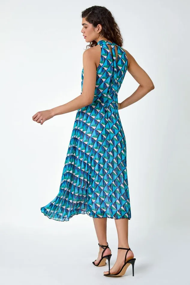 Turquoise Geometric Halterneck Midi Dress Women Roman Dresses