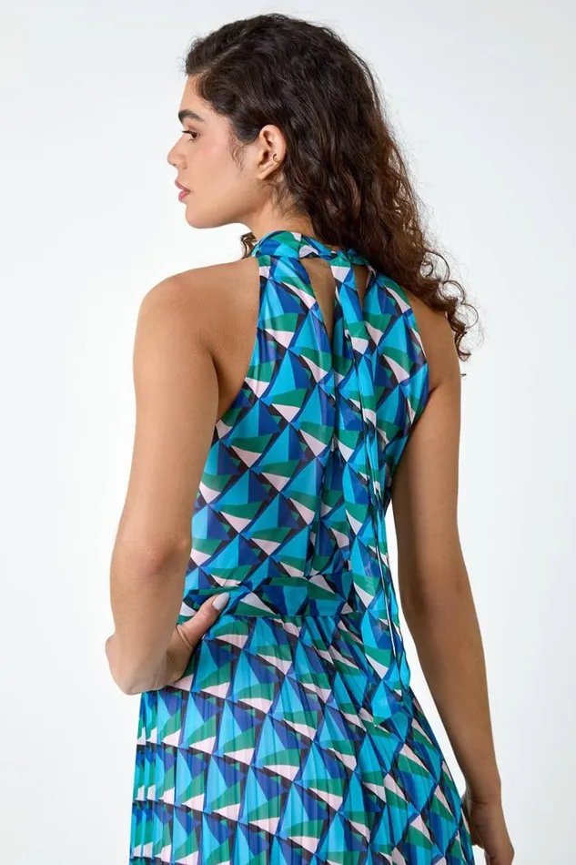 Turquoise Geometric Halterneck Midi Dress Women Roman Dresses