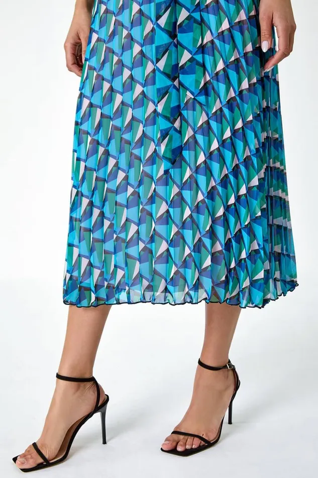 Turquoise Geometric Halterneck Midi Dress Women Roman Dresses