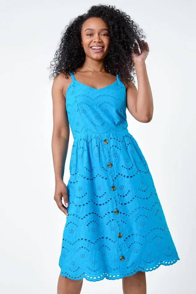 Turquoise Petite Cotton Broderie Button Dress Women Roman Dresses