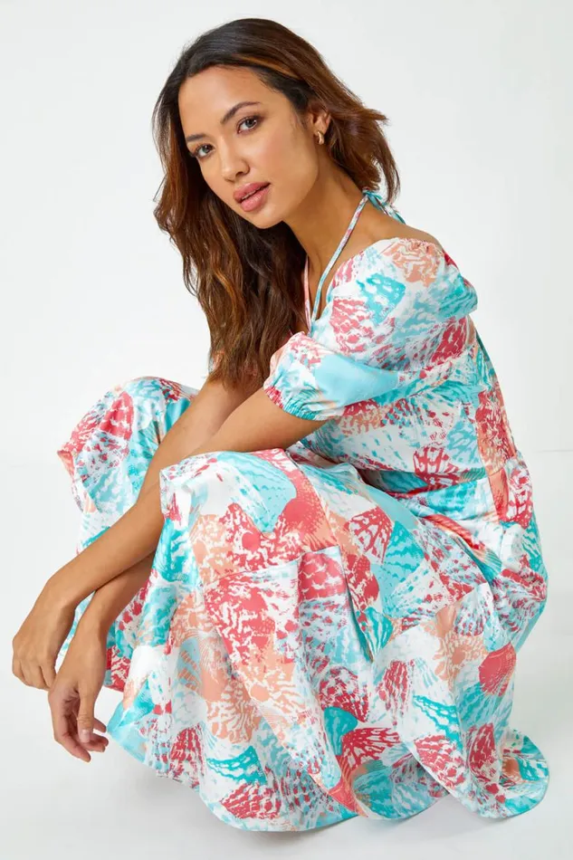 Turquoise Puff Sleeve Tiered Maxi Dress Women Roman Dresses