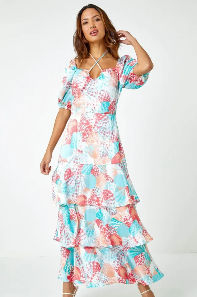 Turquoise Puff Sleeve Tiered Maxi Dress Women Roman Dresses