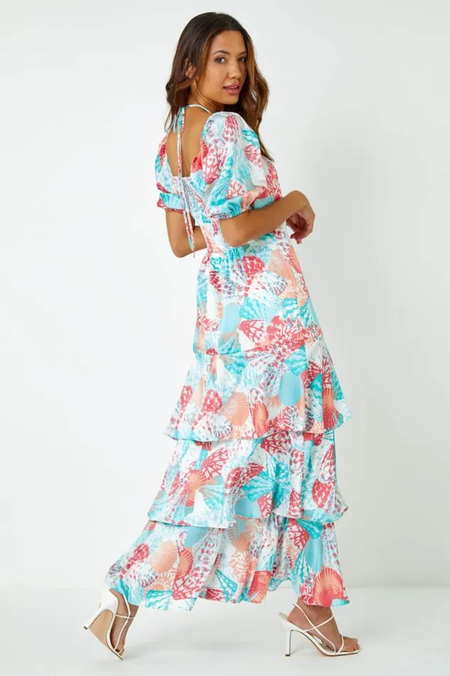 Turquoise Puff Sleeve Tiered Maxi Dress Women Roman Dresses
