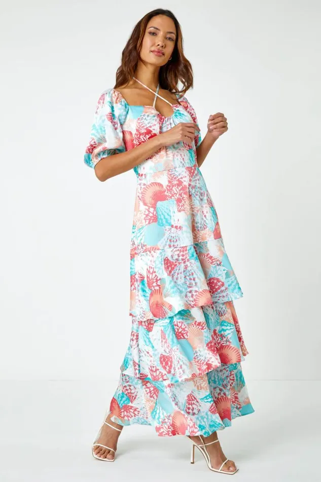 Turquoise Puff Sleeve Tiered Maxi Dress Women Roman Dresses