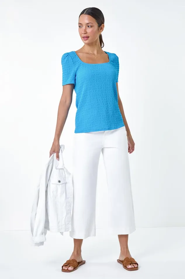 Turquoise Textured Square Neck Stretch Top Women Roman Tops