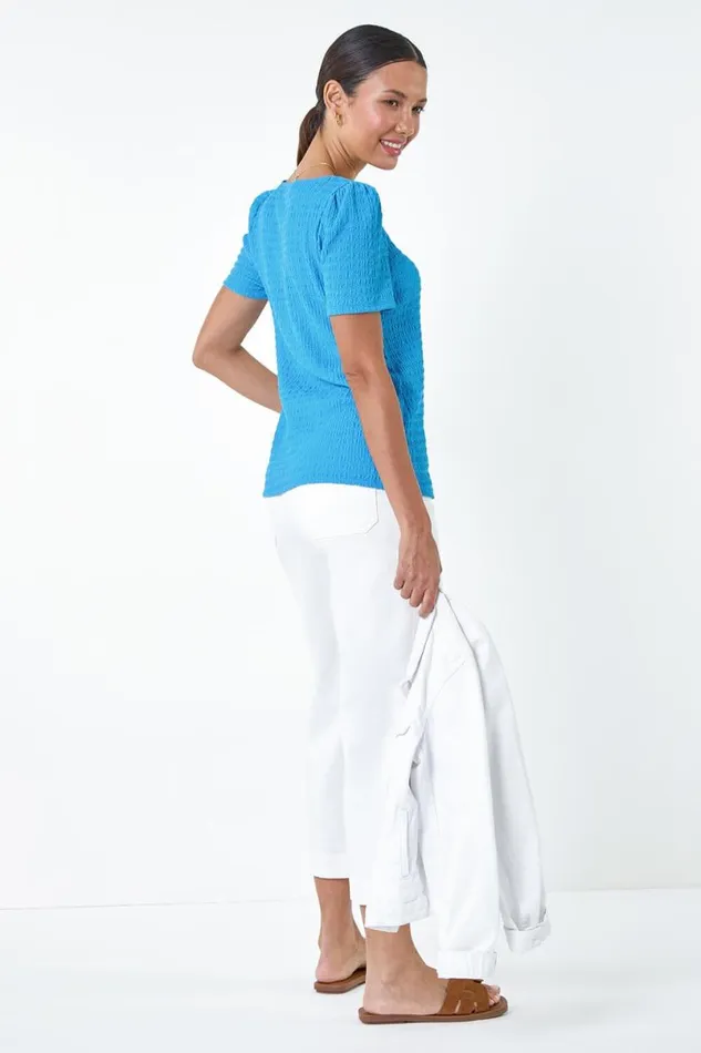 Turquoise Textured Square Neck Stretch Top Women Roman Tops