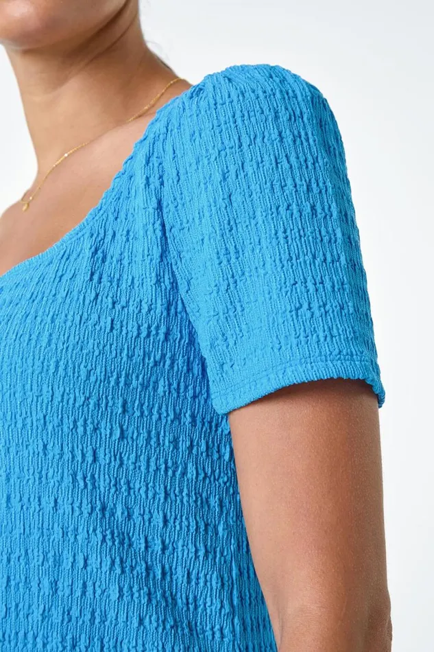 Turquoise Textured Square Neck Stretch Top Women Roman Tops