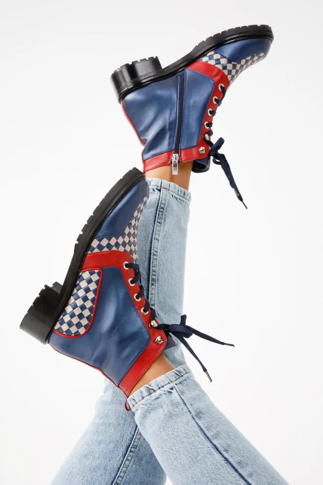 Vinci Leather Boots and Booties The Black River Navy Blue Handwoven Leather Ankle Boot 8211 Women