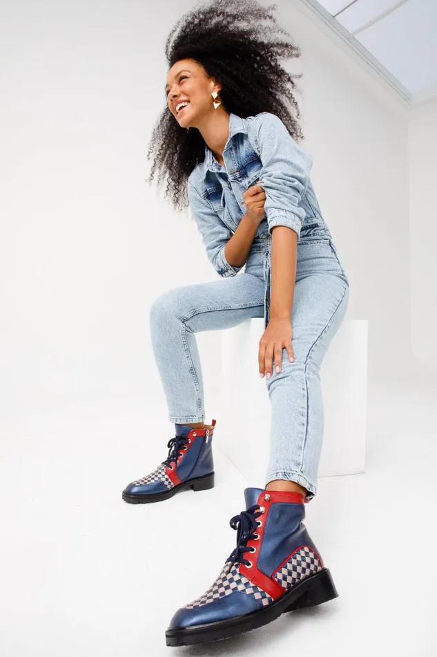 Vinci Leather Boots and Booties The Black River Navy Blue Handwoven Leather Ankle Boot 8211 Women