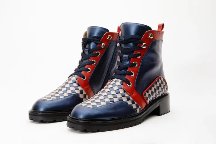 Vinci Leather Boots and Booties The Black River Navy Blue Handwoven Leather Ankle Boot 8211 Women